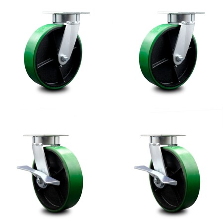 Service Caster 8 Inch Kingpinless Green Poly on Steel Wheel Swivel Caster Set with 2 Brakes SCC SCC-KP30S820-PUR-GB-2-SLB-2